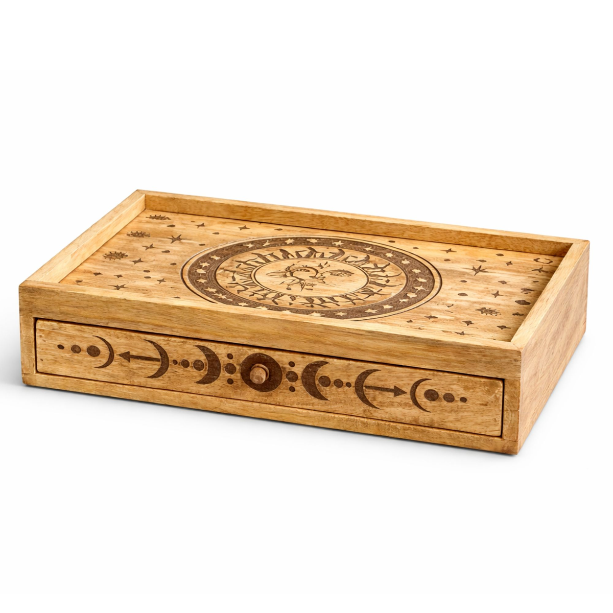 Sun and moon carved mango wood tarot box with drawer