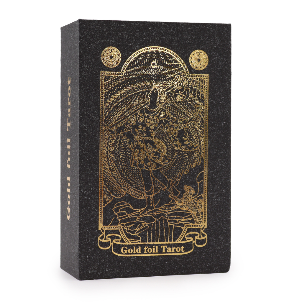 Black and gold foil tarot deck with guidebook in gift box