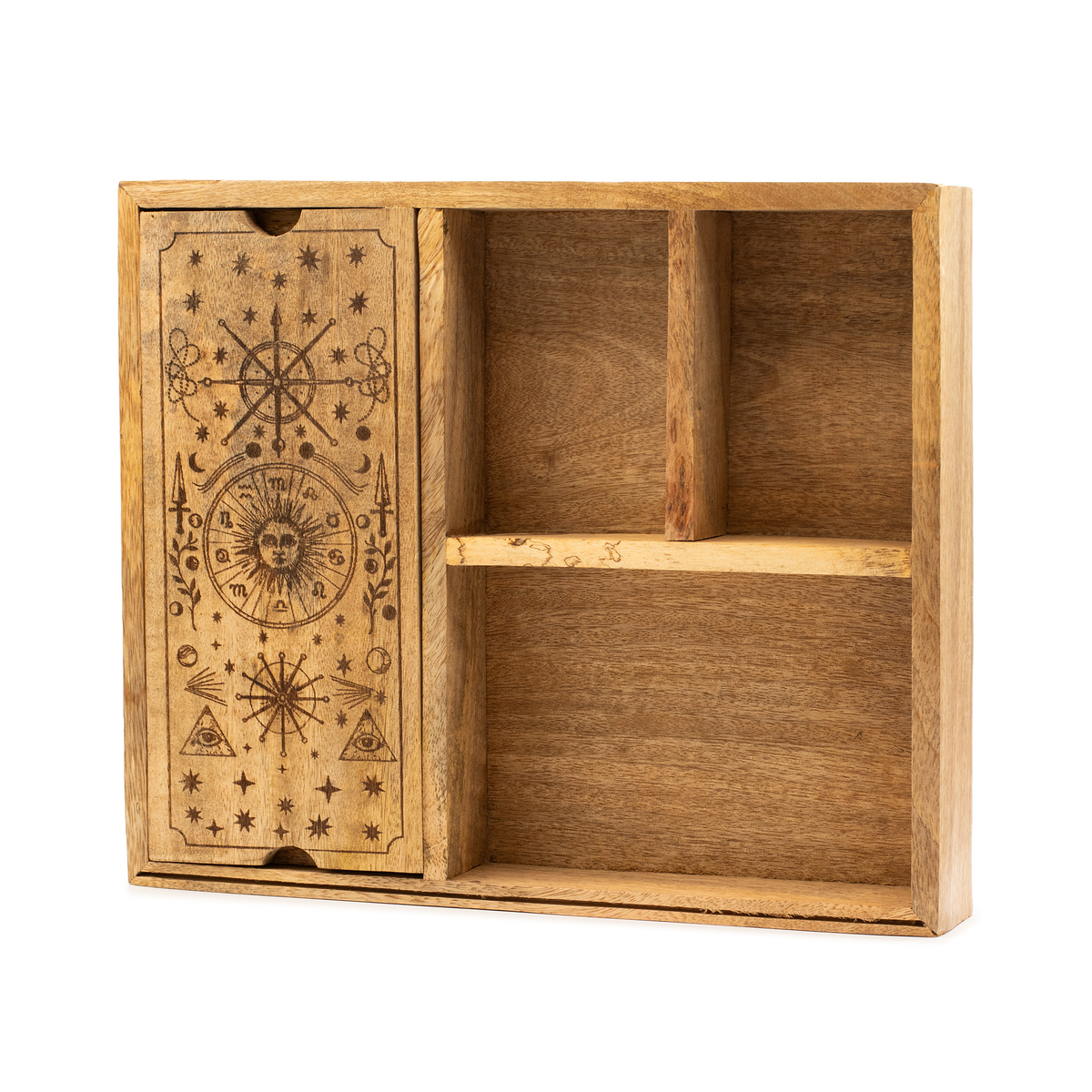 Four section mango wood tarot box with card holder