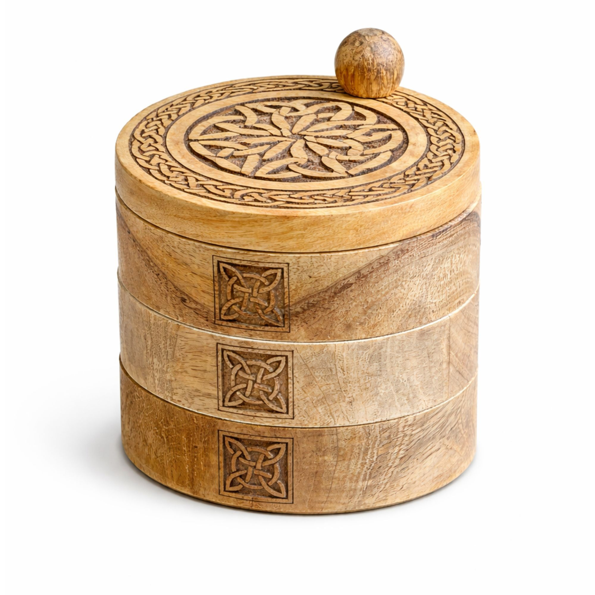 Celtic carved three-tier revolving mango wood box