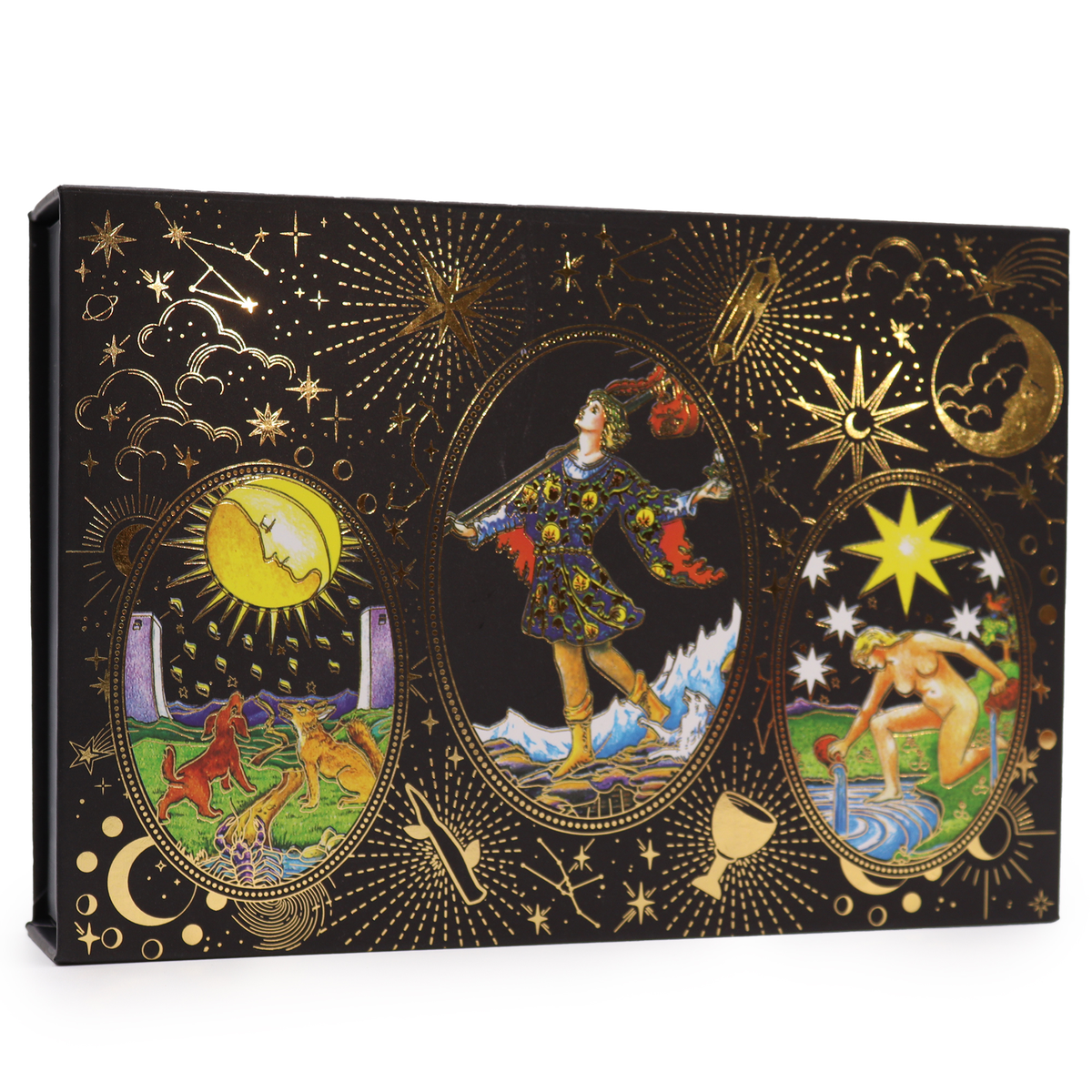 Gold foil tarot gift set with deck, guidebook and ritual tools