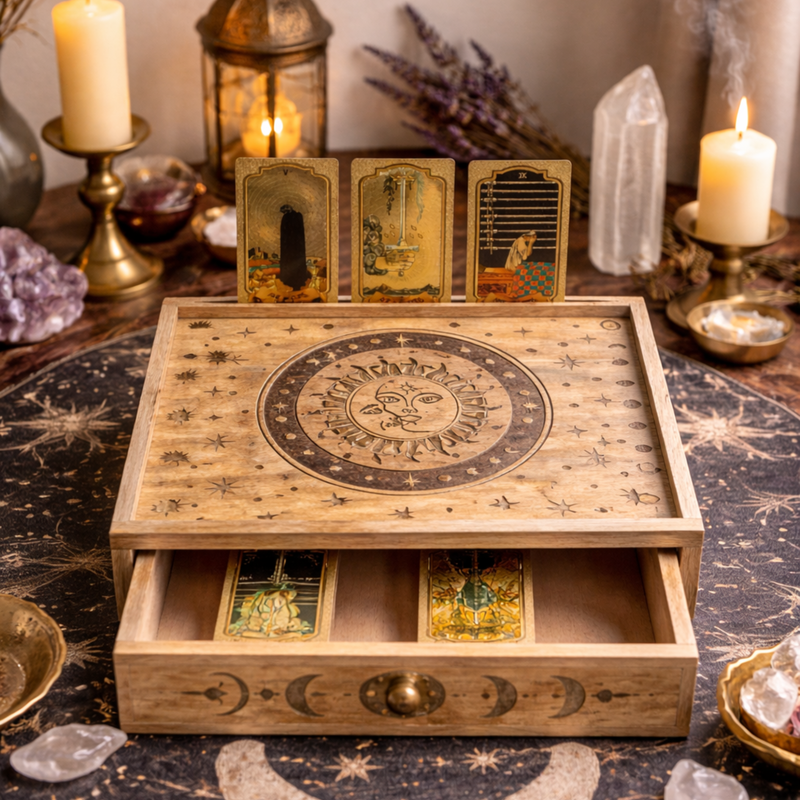 Tarot box top surface and card holder