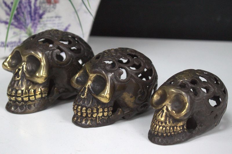 Brass skull from the side