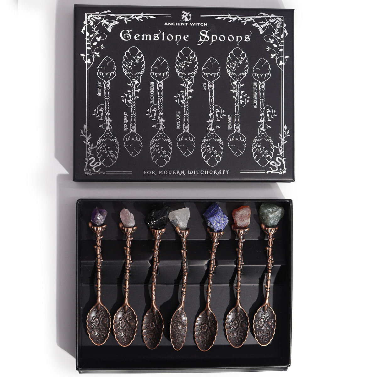 Set of 7 gemstone witch spoons in a gift box
