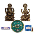 Diwali Lakshmi and Ganesh puja gift set: brass figures, incense plate, Nag Champa incense and dhoop cones