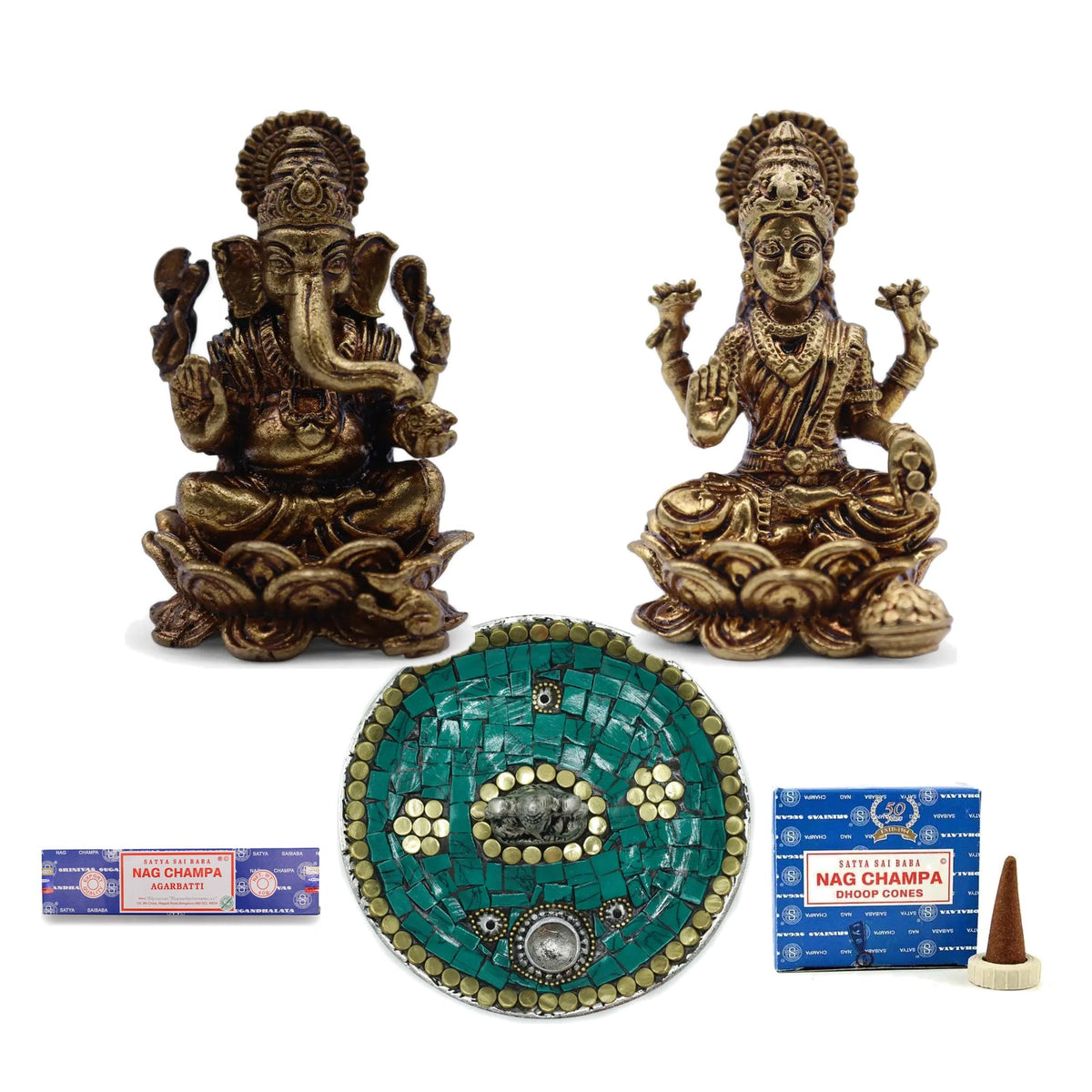 Diwali Lakshmi and Ganesh puja gift set: brass figures, incense plate, Nag Champa incense and dhoop cones