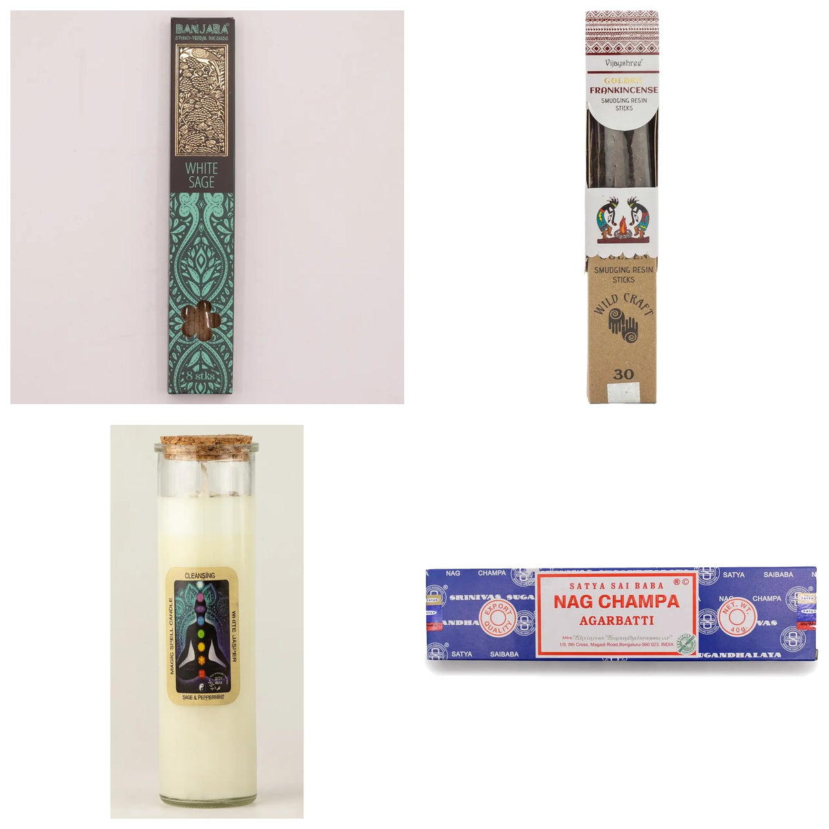 Cleansing ritual kit: white sage incense, frankincense, cleansing spell candle, Nag Champa