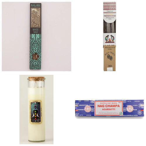 Cleansing ritual kit: white sage incense, frankincense, cleansing spell candle, Nag Champa