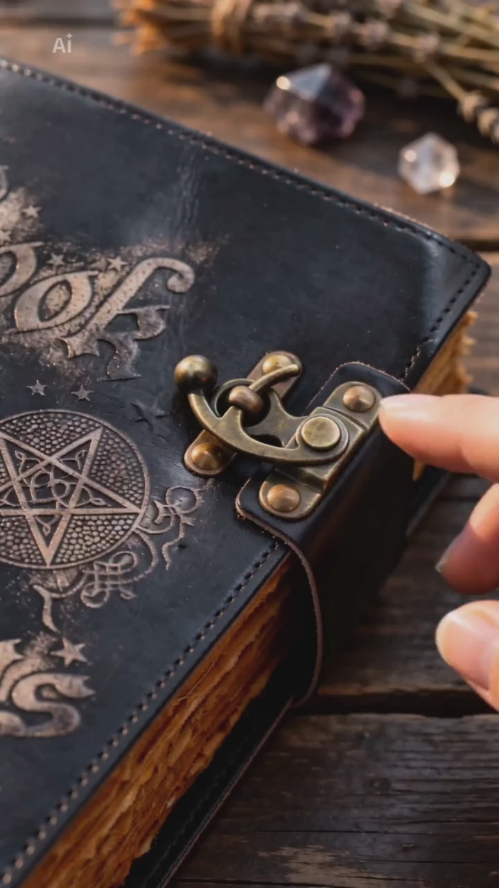 Leather Book of Shadows journal with pentagram cover and brass clasp