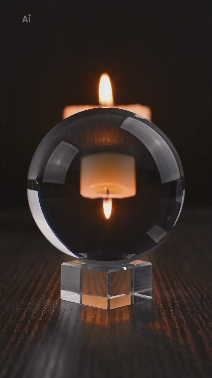 Clear crystal ball on a crystal stand showing a candle flame upside-down, and its black gift box